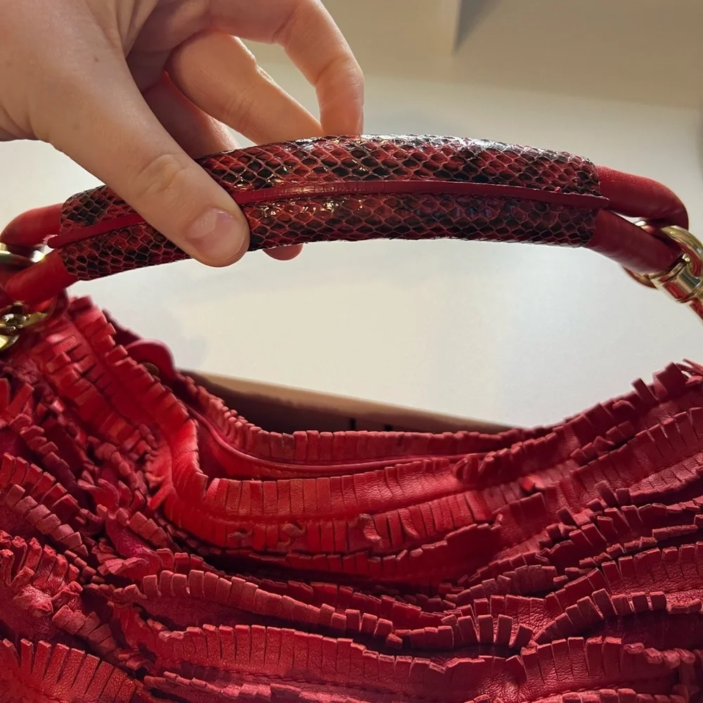 Jimmy Choo Red Suede Leather and Snakeskin Fringe Hobo Shoulder Bag